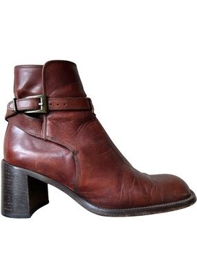 Joan & David Brown Leather Heeled Ankle Boots Italy Buckle Strap EU 40.5 Chelsea